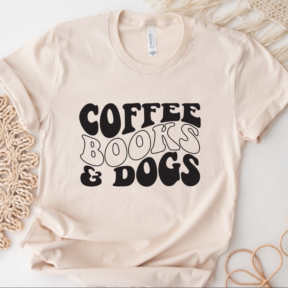 Coffee Books Dogs Crew Neck Short Sleeve Tee Shirt